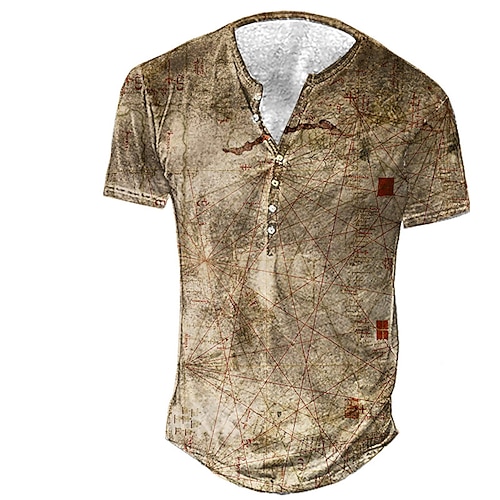 

Men's T shirt Tee Henley Shirt Tee Graphic Map Henley Khaki 3D Print Plus Size Outdoor Daily Short Sleeve Button-Down Print Clothing Apparel Basic Designer Casual Big and Tall / Summer / Summer