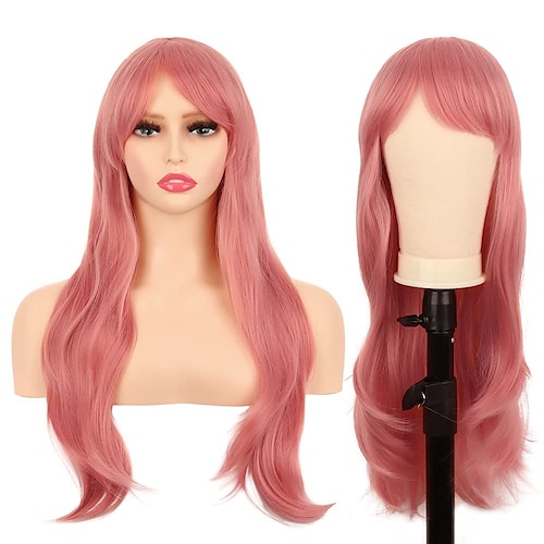 

28 70cm Pink Long Curly Hair Cosplay Costume Wig Fashion Wigs Long Wavy with Bangs Hair Wigs for Girl Synthetic Daily Party Halloween Wigs for Women