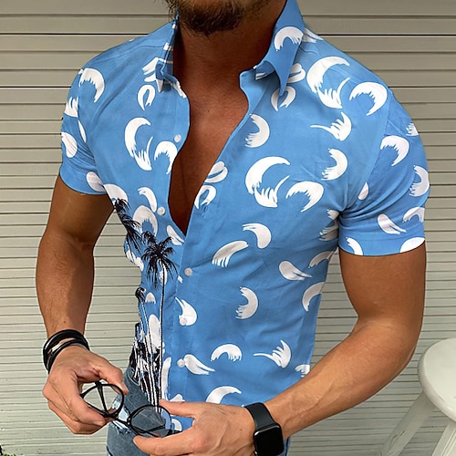 

Homme Chemise Cocotier Col rabattu Bleu Plein Air Casual Manches Courtes Bouton bas Vêtement Tenue basique Design Coupe Cintrée Grand et grand / Plage