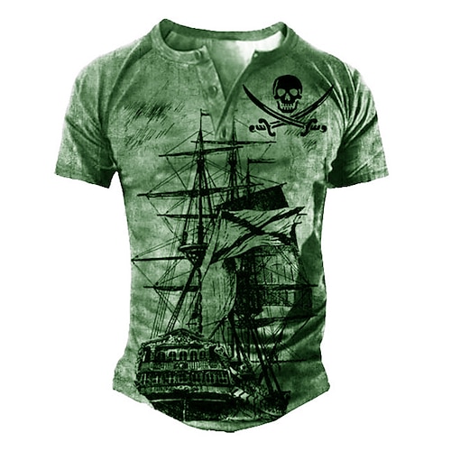 Men's T shirt Tee Henley Shirt Tee Graphic Skull Henley Green Blue Yellow Dark Gray 3D Print Sailboat Plus Size Outdoor Daily Patchwork Button-Down Clothing Apparel Basic Designer Casual Classic