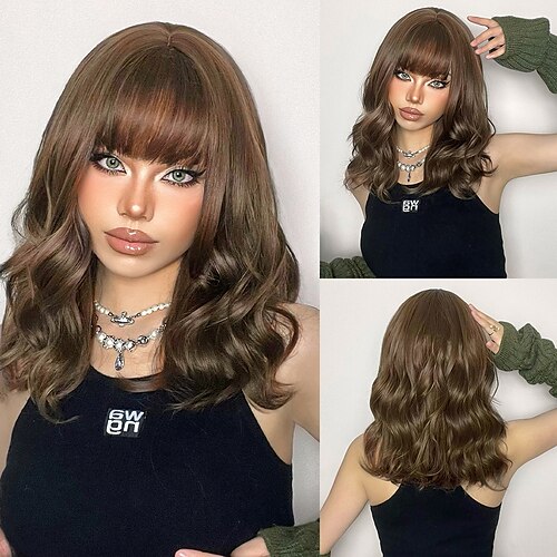 

HAIRCUBE Short Wigs Dark Brown Water Wave Wigs With Bangs Blonde Natural Wavy Synthetic Wigs for Women