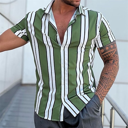 

Men's Summer Shirt Designer Shirt Striped Turndown Green / White Street Casual Short Sleeve Button-Down Clothing Apparel Fashion Casual Comfortable