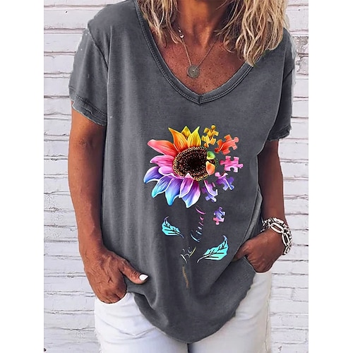 

Women's Sunflower Casual Holiday Weekend Floral Painting T shirt Tee Short Sleeve Print V Neck Basic Essential Tops White Black Blue S