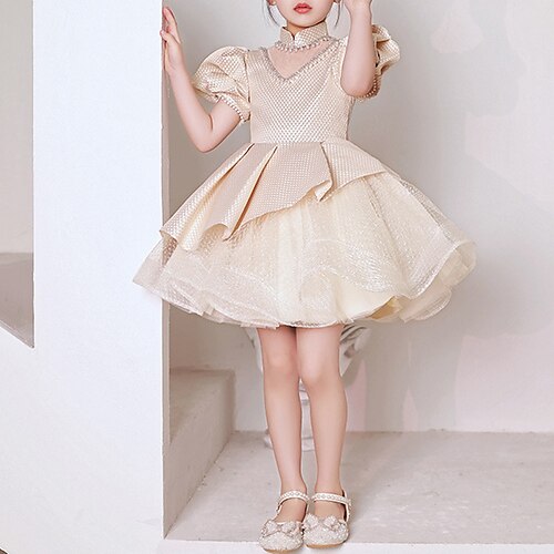 

Party Event / Party Princess Flower Girl Dresses High Neck Knee Length Organza Spring Summer with Pearls Tier Cute Girls' Party Dress Fit 3-16 Years