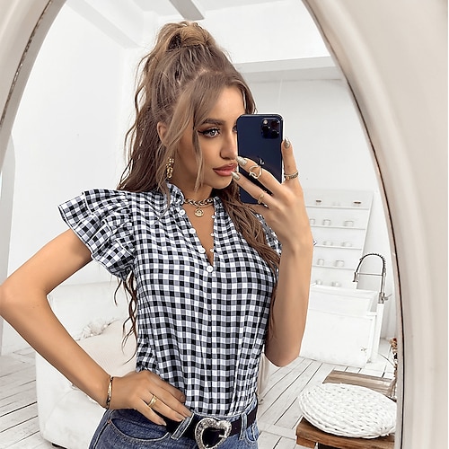 

Women's Blouse Shirt Shacket Black Plaid Lettuce Trim Print Short Sleeve Casual Daily Vintage Casual V Neck Regular S