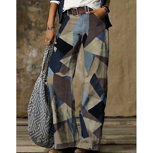 

Women's Culottes Wide Leg Chinos Pants Trousers Faux Denim Blue Pink Mid Waist Fashion Casual Weekend Side Pockets Print Micro-elastic Full Length Comfort Geometric S M L XL XXL