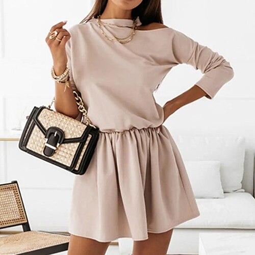 

Women's A Line Dress Short Mini Dress Black Gray Khaki Red 3/4 Length Sleeve Pure Color Ruched Cut Out Cold Shoulder Spring Summer High Neck Work Elegant Mature 2022 XS S M L XL XXL 3XL