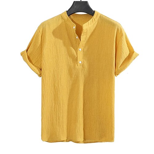 

Men's Shirt Solid Color Standing Collar Street Casual Button-Down Print Half Sleeve Tops Designer Casual Fashion Breathable Yellow Navy Blue / Summer