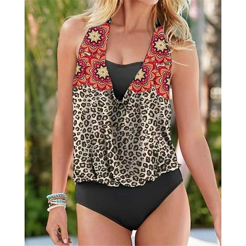 

Women's Swimwear Tankini 2 Piece Normal Swimsuit Open Back Printing Leopard Black Vest V Wire Bathing Suits New Vacation Fashion / Modern