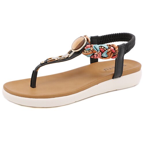 

Women's Sandals Braided Sandals Rhinestone Flat Heel Round Toe Open Toe Elegant Casual Daily Office Walking Shoes PU Leather Elastic Band Spring Summer Solid Colored Black Rosy Pink Brown