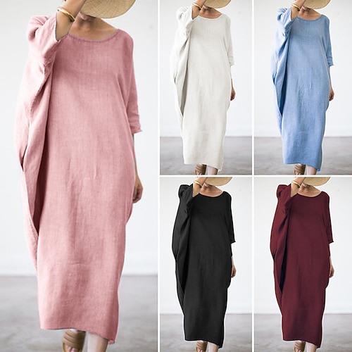 

Women's Pajamas Nightgown Nighty Pjs Pure Color Comfort Home Daily Cotton And Linen Crew Neck Long Sleeve Fall Spring Blue Pink