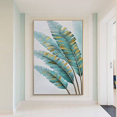 

Handmade Hand Painted Oil Painting Wall Art Abstract Gold Green Leaves Home Decoration Decor Rolled Canvas No Frame Unstretched