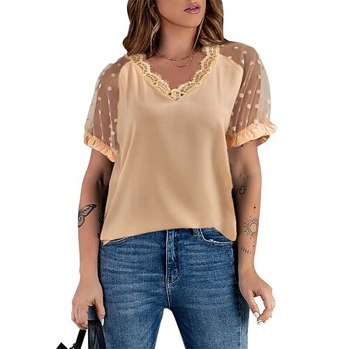 

Women's Blouse Basic Lace Classic V Neck T-shirt Sleeve Regular Summer White Black Blue Khaki Red