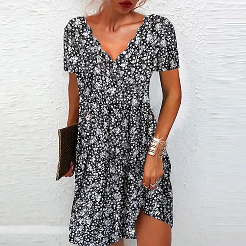 

Women's Casual Dress Shift Dress Midi Dress Black Short Sleeve Floral Print Spring Summer V Neck 2022 S M L XL XXL 3XL