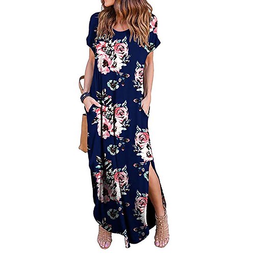 

Women's Shift Dress Maxi long Dress Darkblue Blue Short Sleeve Floral Split Spring Summer V Neck Casual Loose 2022 S M L XL XXL