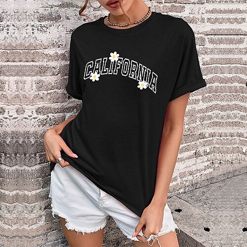 

Damen T Shirt Schwarz Blumen Text Bedruckt Kurzarm Casual Wochenende Basic Rundhalsausschnitt Standard Farbe S