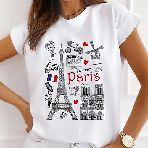 

zn111 european and american fashion eiffel tower printing women's short-sleeved comfortable women's t-shirt personality round neck bottoming shirt