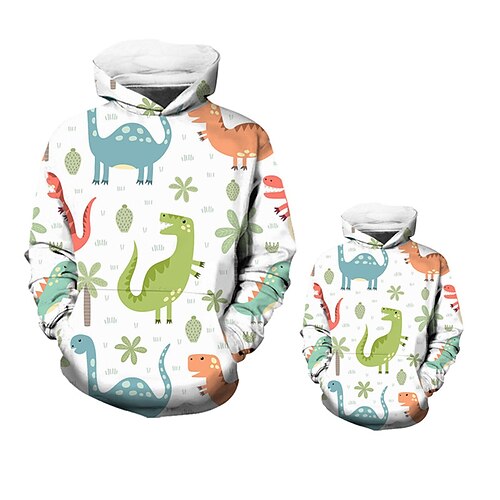 

Dad and Son Hoodie Cartoon Dinosaur Animal Street Print White Long Sleeve Active Matching Outfits