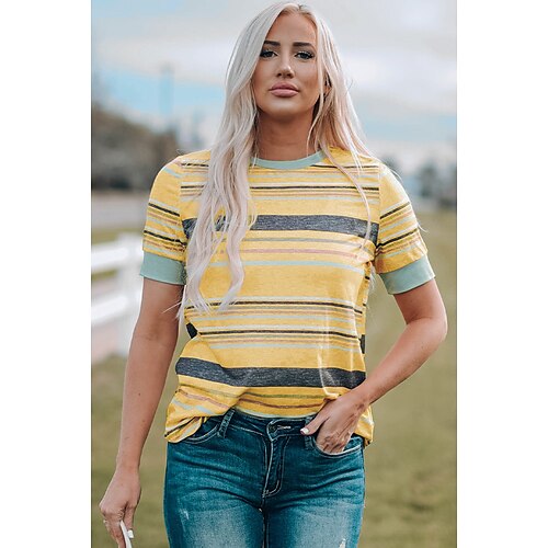 

Women's Striped Casual Weekend Painting T shirt Tee Short Sleeve Print Round Neck Basic Essential Tops Yellow S