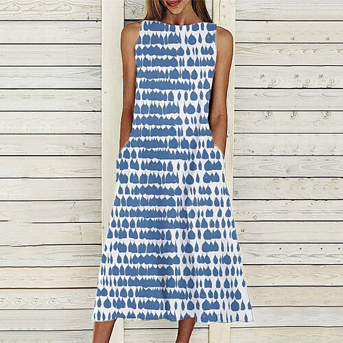 

Women's A Line Dress Midi Dress Blue Sleeveless Tie Dye Pocket Print Spring Summer Crew Neck Casual Vacation 2022 S M L XL XXL 3XL