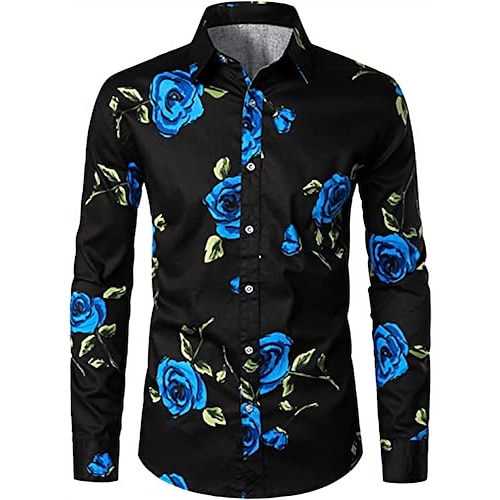 

Men's Shirt Floral Turndown Party Daily Button-Down Long Sleeve Tops Casual Fashion Comfortable White Black Blue / White