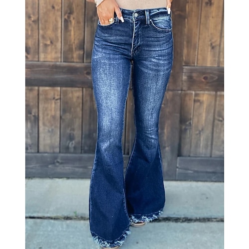 

Women's Flare Pants Trousers Jeans Bell Bottom Denim Dark Blue Mid Waist Fashion Casual Weekend Side Pockets Micro-elastic Full Length Comfort Plain S M L XL XXL