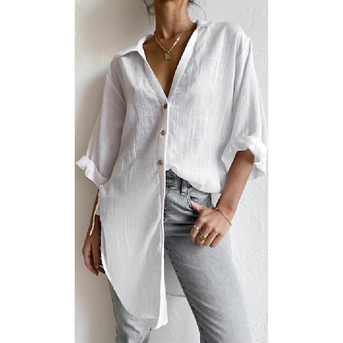 

cross-border european and american fashion new women's clothing side lace seven-point trumpet sleeve dovetail casual solid color cotton and linen long shirt