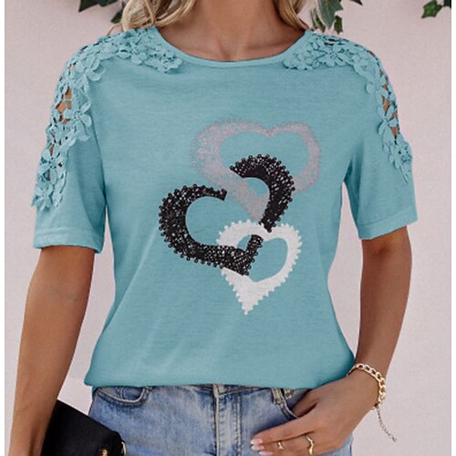

Women's Heart Casual Weekend Painting Couple T shirt Tee Short Sleeve Cut Out Print Round Neck Basic Essential Tops Green White Black S