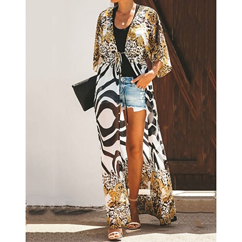

Women's Shirt Shrugs Yellow Leopard Print Half Sleeve Holiday Beach Casual Beach V Neck Long Loose Fit One-Size / 3D Print