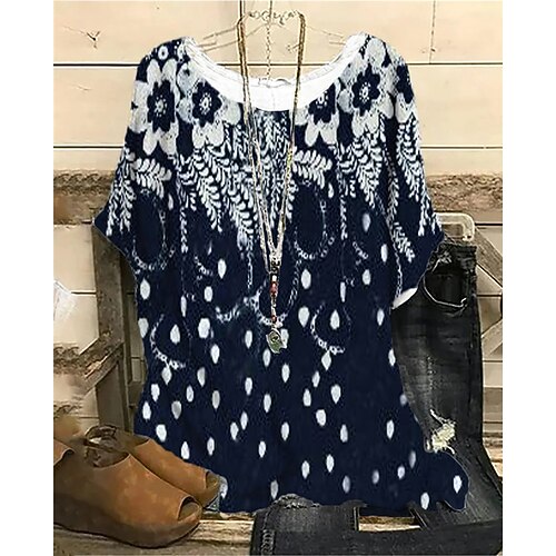 

Women's Plus Size Tops Blouse Shirt Floral Print Half Sleeve Crewneck Streetwear Daily Sports Cotton Spandex Jersey Spring Summer Blue Wine
