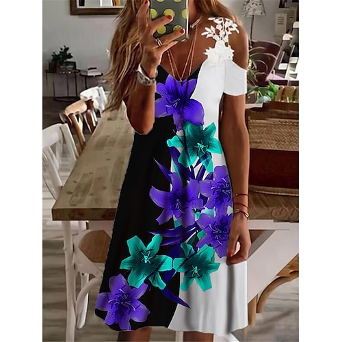 

Mulheres Vestido casual Azul Roxo Manga Curta Floral Renda Primavera Verão Decote V 2022 S M L XL XXL 3XL