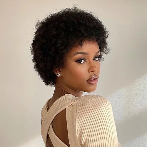 

Human Hair Wig Short Afro Curly Pixie Cut Natural Black Adjustable Natural Hairline For Black Women Machine Made Capless Brazilian Hair Women's All Natural Black #1B 6 inch Daily Wear Party & Evening