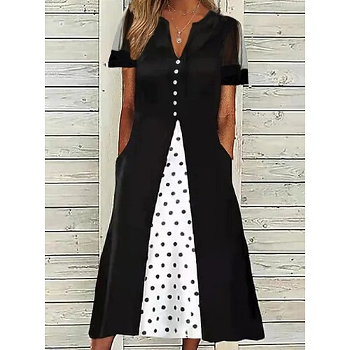 

Women's Casual Dress Midi Dress Black Short Sleeve Polka Dot Ruched Spring Summer V Neck 2022 S M L XL XXL 3XL