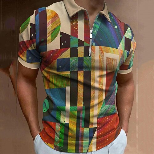 

Men's Collar Polo Shirt Golf Shirt Jigsaw Turndown Rainbow 3D Print Street Daily Short Sleeve Zipper 3D Clothing Apparel Fashion Casual Breathable Comfortable / Beach