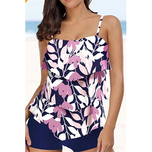 

Women's Swimwear Tankini 2 Piece Plus Size Swimsuit Layered Open Back Printing Leaves Rosy Pink Camisole Strap Bathing Suits New Vacation Fashion / Modern