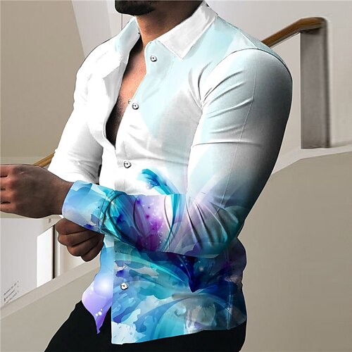 

Men's Shirt Graphic Shirt Gradient Turndown Blue 3D Print Outdoor Street Long Sleeve Button-Down Print Clothing Apparel Fashion Designer Casual Breathable / Summer / Spring / Summer