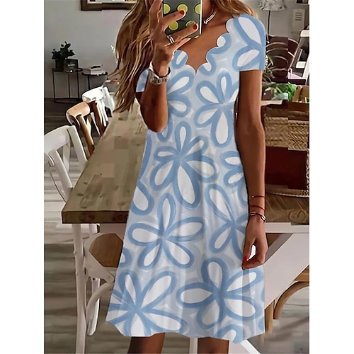 

Femme Robe casual Manche Courte Printemps Eté Imprimer Floral Col V 2022 Bleu S M L XL XXL 3XL