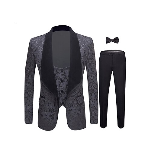

White Black Men's Wedding Tuxedos 3 Piece Shawl Collar Print Tailored Fit Single Breasted One-button 2022