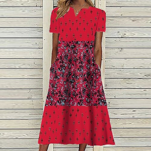 

Damen Casual kleid Midikleid Schwarz Rote Kurzarm Blumen Tasche Frühling Sommer V Ausschnitt 2022 S M L XL XXL 3XL