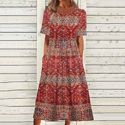 

Mulheres Vestido casual vestido étnico Vestido de turno Vestido Longo Vestido Maxi Vermelho Manga Curta Floral Bolsos Primavera Verão Gola Redonda Casual Ajuste Largo 2023 S M L XL XXL 3XL