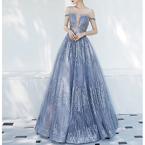 

A-Line Prom Dresses Sparkle & Shine Dress Prom Floor Length Sleeveless Off Shoulder Polyester with Sequin Pure Color 2022 / Formal Evening