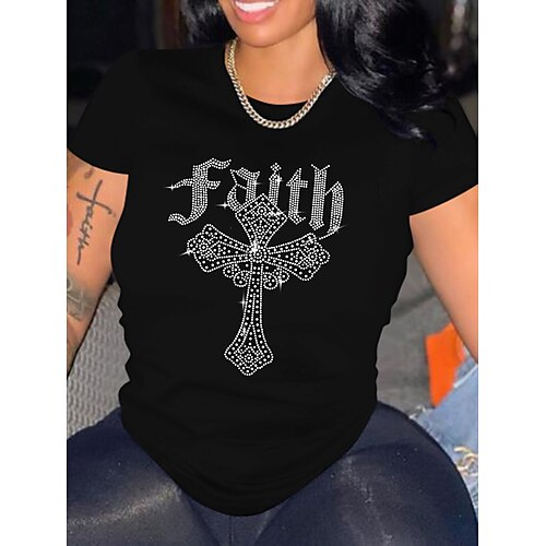 

Mujer Camiseta Negro Letra Diamantes Sintéticos Estampado Manga Corta Casual Fin de semana Básico Escote Redondo Regular S