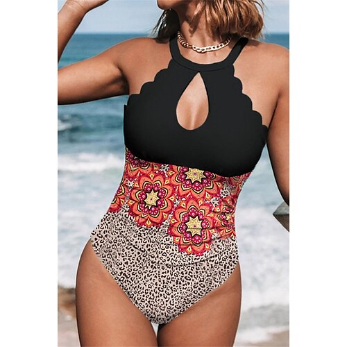 

Women's Swimwear One Piece Monokini Bathing Suits Plus Size Swimsuit Tummy Control Open Back Printing High Waisted Floral Gray Scoop Neck Bathing Suits Sexy Vacation Fashion / Modern / New