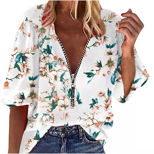 

Mujer Camisa Blanco Floral Estampado Manga 3/4 Diario Casual Escote en Pico Regular Holgado Flor Manga Farol S