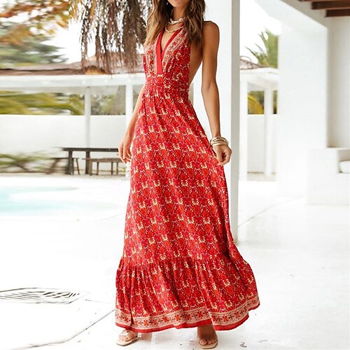 

Women's Casual Dress Swing Dress Boho Dress Long Dress Maxi Dress Pink Red Sleeveless Floral Backless Spring Summer Halter Neck Weekend 2022 S M L XL
