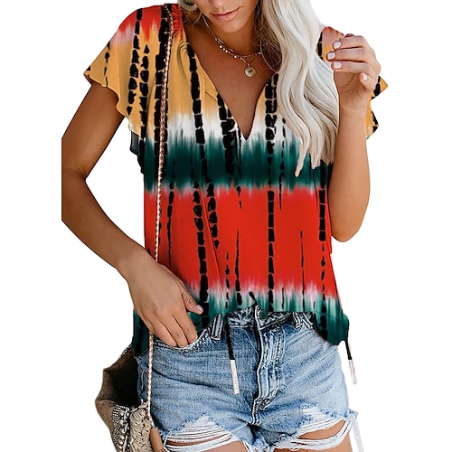 

Women's Shirt Blouse Black White Red Leaf Abstract Patchwork Print Short Sleeve Casual Going out Tropical Elegant Casual V Neck Regular Slim Floral Geometric S