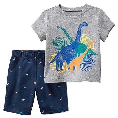 

2 Pieces Kids Boys T-shirt & Pants Clothing Set Outfit Cartoon Dinosaur Print Short Sleeve Print Cotton Set Outdoor Active Daily Spring Summer 2-8 Years Gray