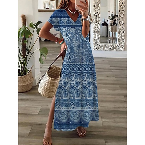 

Women's Shift Dress Maxi long Dress Black Blue Wine Short Sleeve Floral Split Print Spring Summer V Neck Casual Vacation 2022 S M L XL XXL 3XL