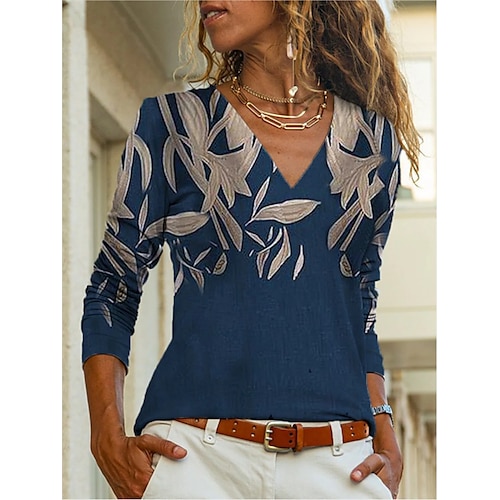 

Women's T shirt Tee Blue Flower Patchwork Print Long Sleeve Casual Daily Basic V Neck Regular S