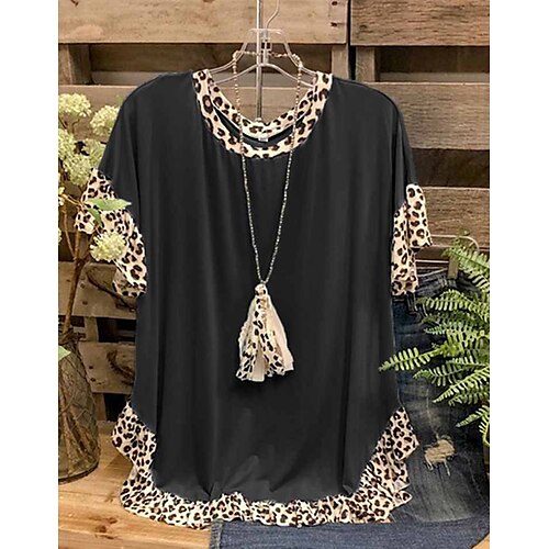 

Mulheres Camiseta Preto Amarelo Rosa Leopardo Frufru Imprimir Manga Curta Casual Final de semana Básico Decote Redondo Padrão Pintura S